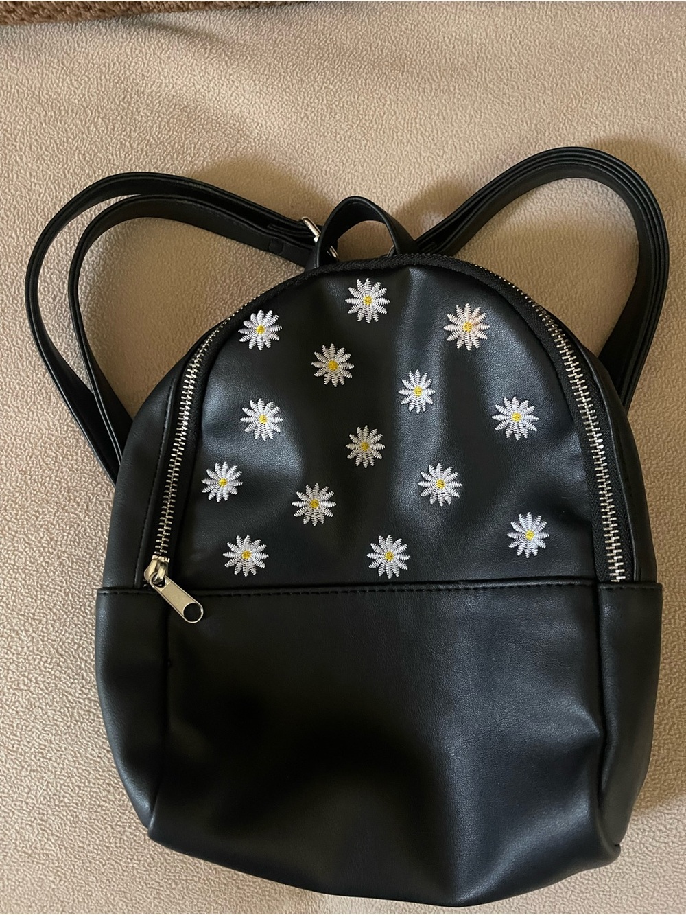 Black Daisy Embroidered Mini Backpack